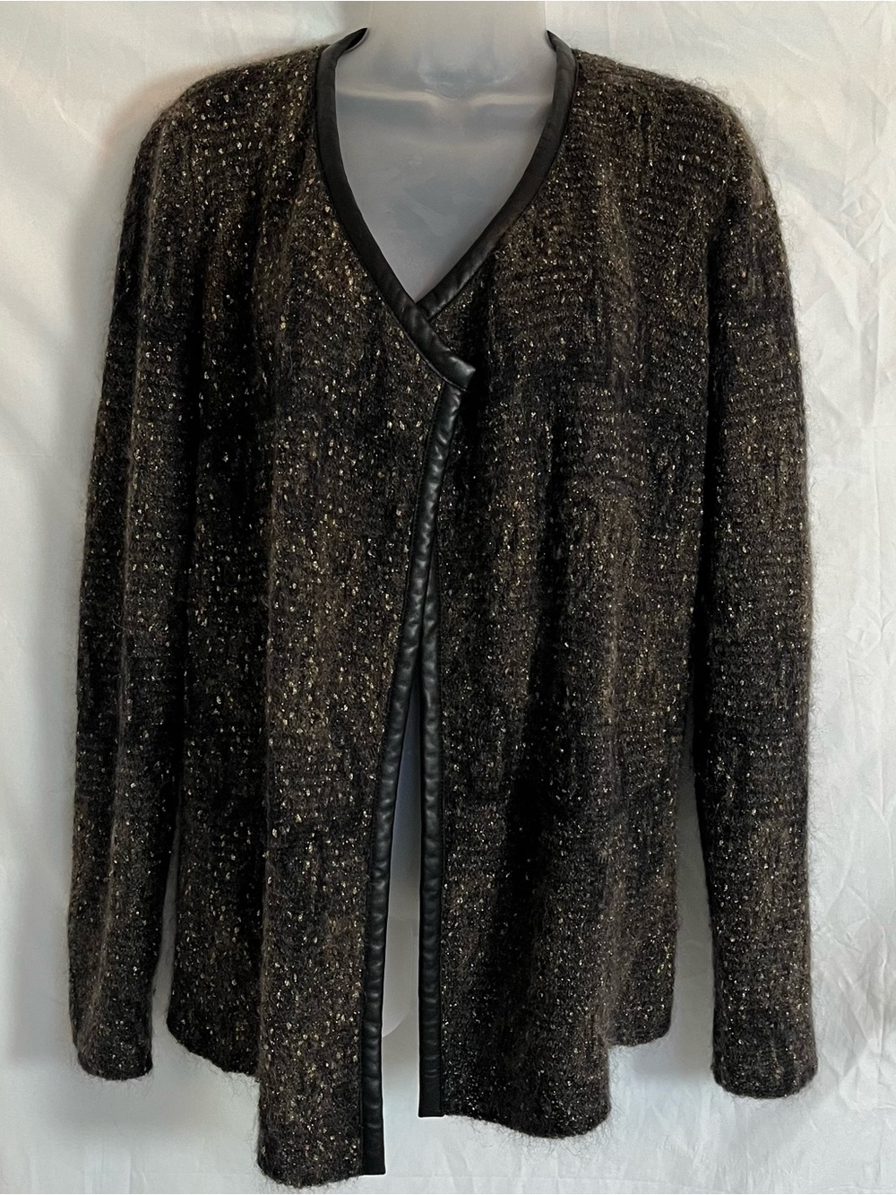 Eileen Fisher Mohair Melange Leather Trim Asymmetrical Cardigan Jacket Lg Petite